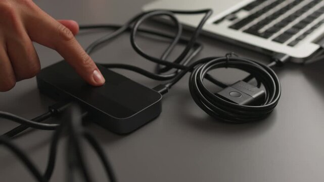 Hand connecting compact black external hard drive to laptop with USB cable on dark workspace, close-up showing finger pressing connector and coiled cord, shallow depth of field, modern minimalist tech