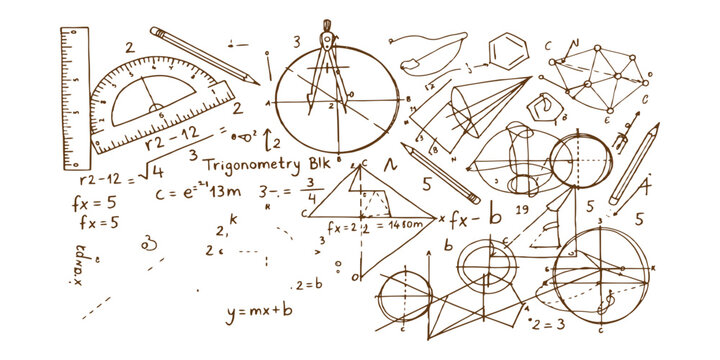Hand drawn mathematical formulas geometry and trigonometry doodle background vector illustration for education concept.