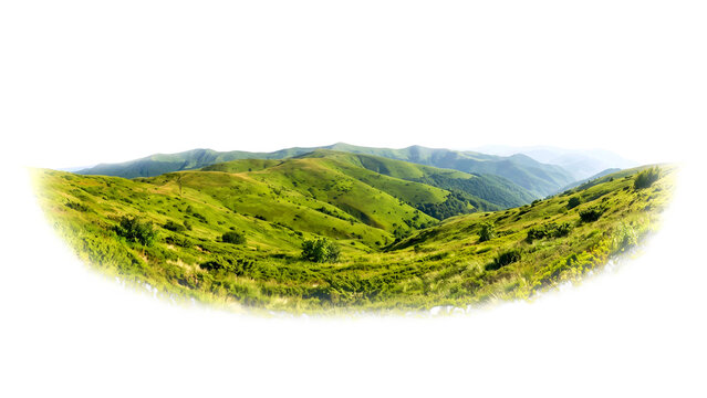 Green Rolling Hills and Mountain Landscape Isolated on White Background