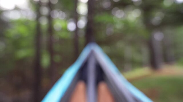 POV out of focus blurry view looking out from inside a blue and grey nylon hammock suspended between trees in a dense forest woodland.
