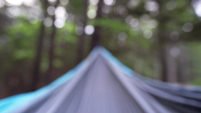 POV out of focus blurry view looking out from inside a blue and grey nylon hammock suspended between trees in a dense forest woodland.