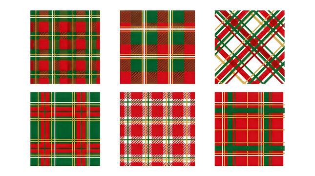 Christmas tartan plaid patterns set, red and green holiday fabric textures, traditional scottish check backgrounds for winter gift wrapping isolated PNG with Transparent Background