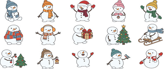 Fototapeta premium Cute Christmas Snowman Characters Collection with Winter Activities and Festive Accessories