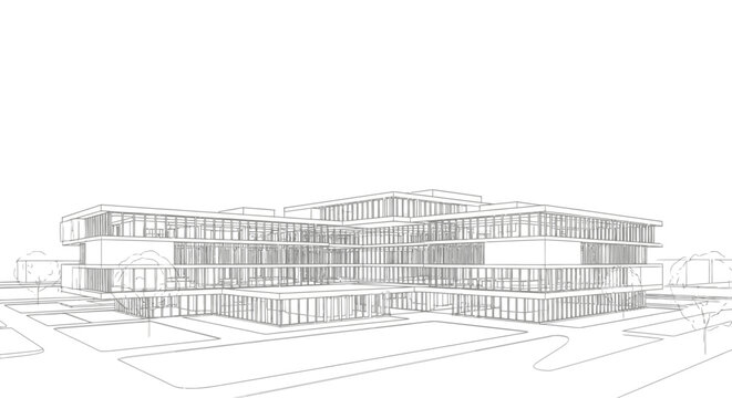 Modern office building architectural perspective sketch illustrates multi-story glass facade structures.