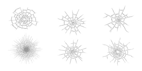 Obraz premium Broken glass crack and bullet hole impact set vector illustration isolated on white background.