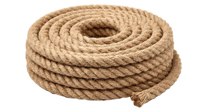 Natural jute rope coil isolated on white background, heavy duty hemp cord for nautical and craft projects