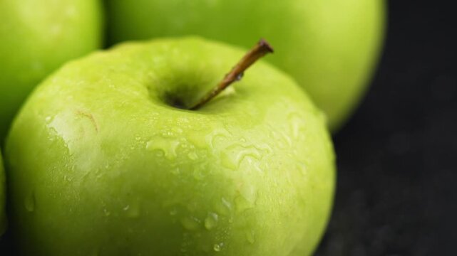 Fresh Green Apples with Water Droplets CloseUp video.