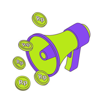 Megaphone broadcasting financial news with floating currency coins in an isometric style.