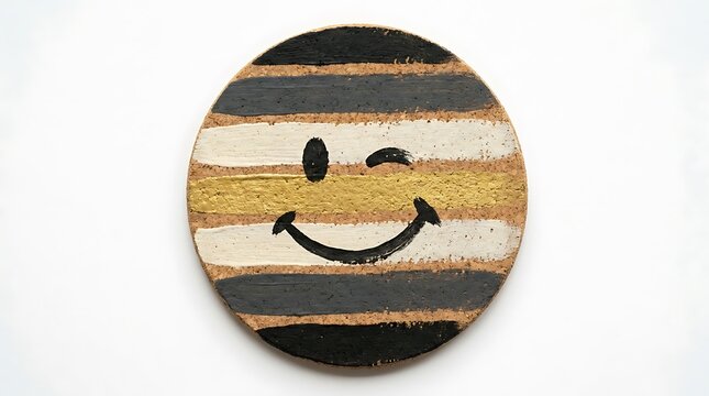 Round cork coaster with a painted winking smiley face on striped
