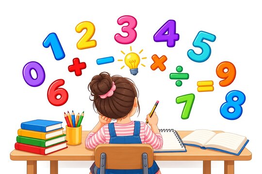 Girl Studying Mathematics at Desk with Colorful Numbers and Math Symbols