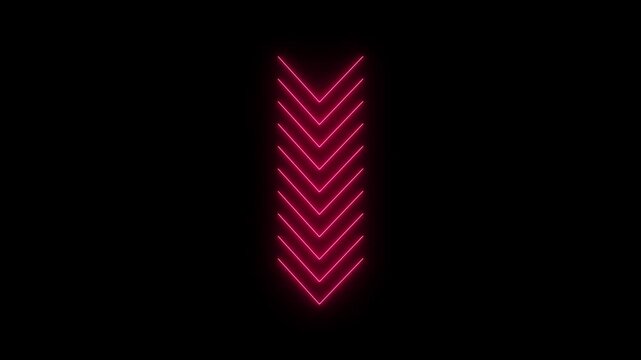 Neon pink chevron arrow sign glowing in dark background, minimalist motion loop for digital ui and directional