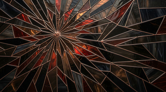 A fractured stained glass pattern displays rich amber and ebony tones creating a dramatic visual texture abstract arrangement art artistic
