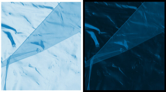 Blue plastic wrap texture background, wrinkled synthetic material surface, abstract light and dark blue cellophane overlay, modern industrial backdrop