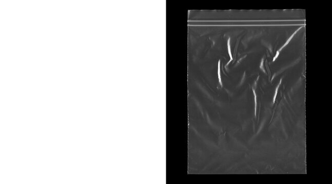 Wrinkled plastic zip bag texture on black background, transparent polyethylene baggie with highlights, crumpled plastic wrap overlay for graphic design