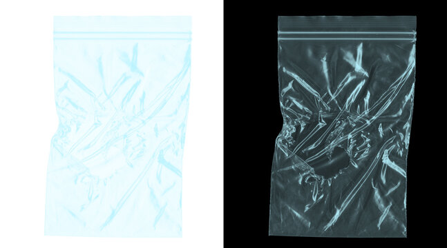 Transparent plastic zip bag texture, wrinkled polyethylene pouch with seal, clear plastic baggie mockup, realistic plastic packaging for design