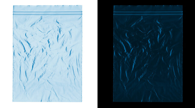 Transparent plastic zip bag mockup, crumpled polyethylene pouch set, blue textured plastic packaging for product display, isolated bag templates