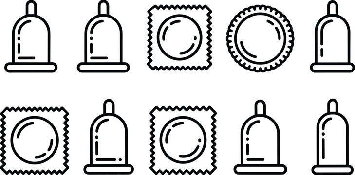 Set of condom and contraceptive packaging icons in thin line style