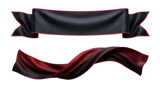 Two elegant black and red silk ribbons isolated on transparent background