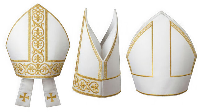 Traditional white bishop mitre with gold embroidery and hanging lappets, religious liturgical headwear for catholic clergy, isolated on transparent background