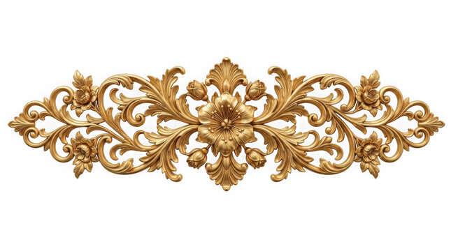 Ornate golden floral decorative molding element with baroque style carvings, isolated on transparent background