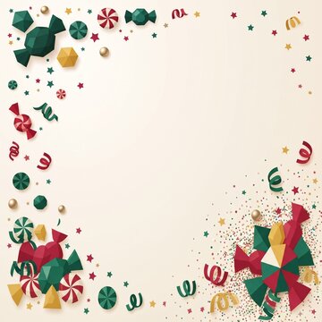 Festive Christmas candy and confetti square background