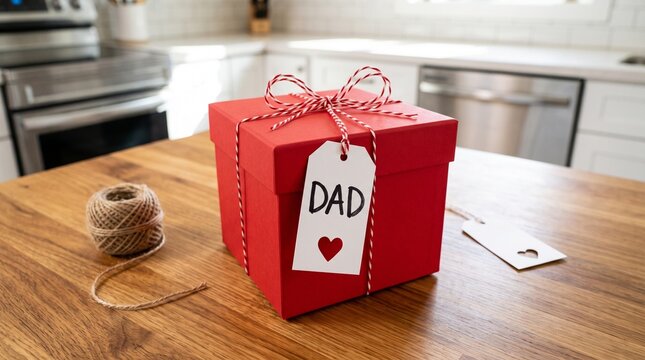 Bright red gift box tied securely with festive string sitting elegantly upon a wooden kitchen table featuring a white tag labeled dad for fathers day celebration