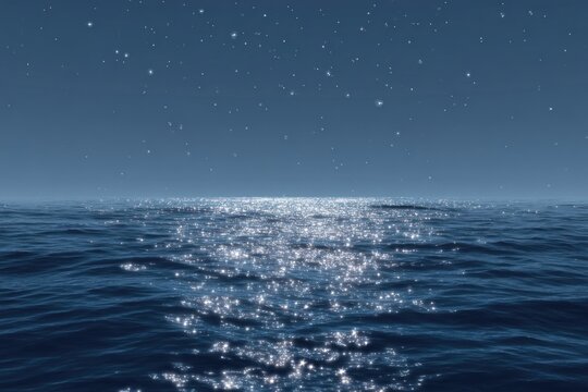 Starry night sky reflecting on a calm, expansive ocean surface.