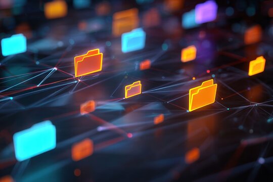 Digital landscape featuring glowing background abstract folders.