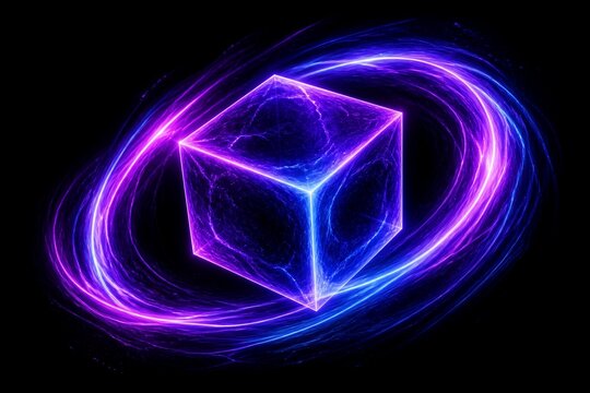 Glowing energy cube rotating within neon ring on black background