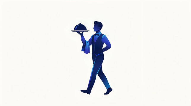 Blue silhouette waiter carrying covered dish while walking in restaurant scene