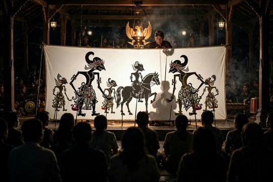 Traditional Indonesian Wayang Kulit Shadow Puppet Performance With Dalang and Audience at Night 