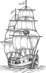 Vintage Sailing Ship Illustration with Multiple Billowing Sails, Wooden Hull and Detailed Nautical Engraving © MdJamilUddin