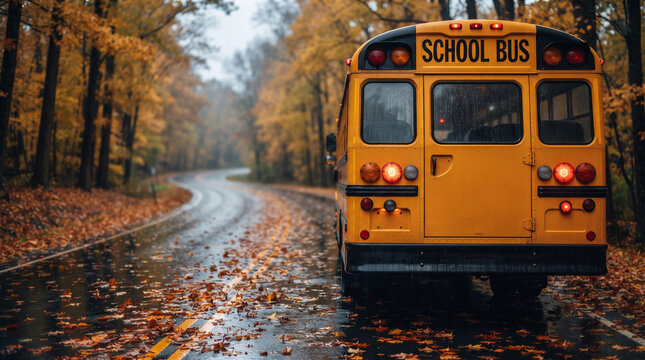 School bus driving on wet road with fallen leaves in autumn forest