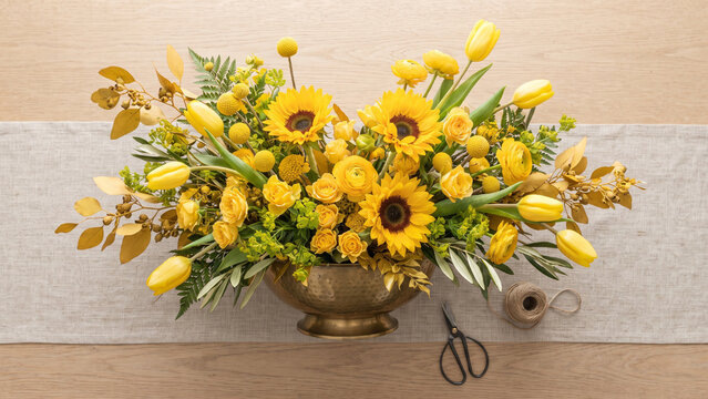 Top-down flat lay of a vibrant yellow floral arrangement with sunflowers, tulips, roses, and billy balls in a hammered brass bowl on a wooden table with scissors and twine