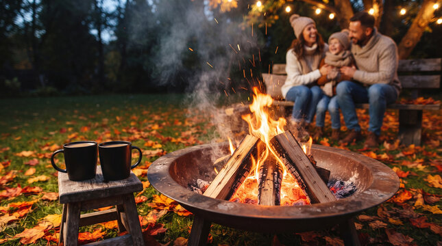 Family sitting near bonfire with cups on stool outdoors