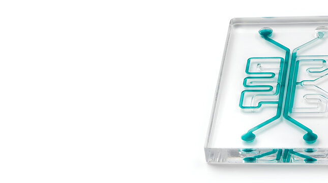 Macro View of a Microfluidic Chip with Serpentine Channels and Green Liquid: Precision Lab on a Chip Device for Passive Mixing Research with Copy Space at 5K.
