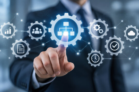 Business automation touchscreen interface with manager selecting workflow gear icon connecting processes for digital process management and enterprise workflow optimization