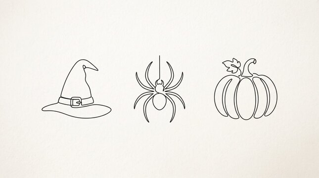 Halloween linear icon set with witch hat, hanging spider, and pumpkin outline drawing isolated on light background