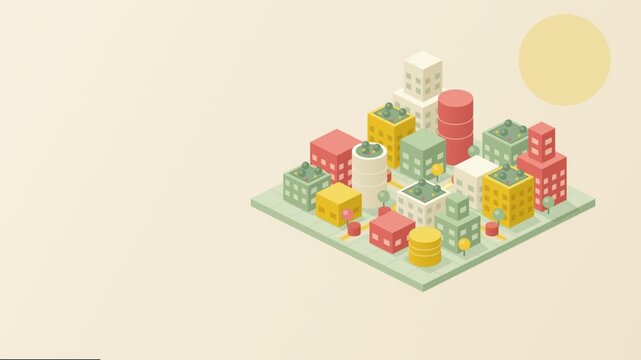 Isometric 3D low poly eco city landscape, pastel smart sustainable urban buildings, green environment architecture animation