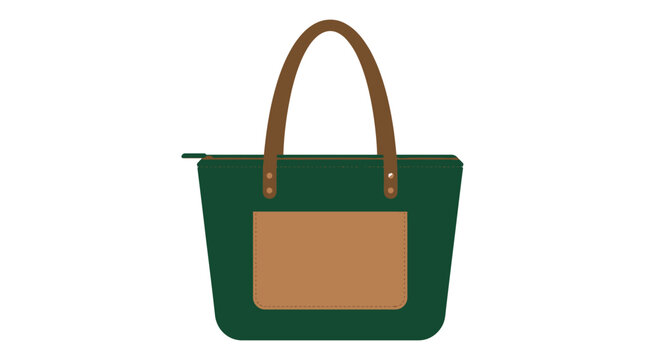 Green tote bag with brown handles and front pocket vector illustration