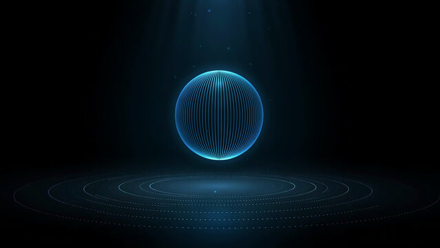 Abstract background featuring a glowing blue wireframe sphere floating above a circular digital surface with futuristic light particles