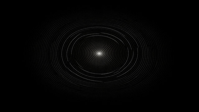 Abstract background featuring a glowing central point with concentric circles formed by tiny white dots arranged in a digital vortex pattern