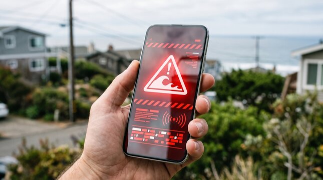Emergency Tsunami Warning Alert Displayed on Smartphone for Coastal Disaster Preparedness and Public Safety
