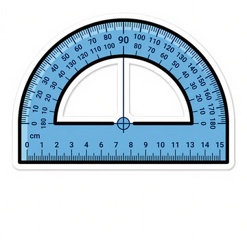 Blue plastic protractor with integrated ruler and centimeter scale isolated on white background, essential geometry tool for measuring angles in mathematics, engineering, and school