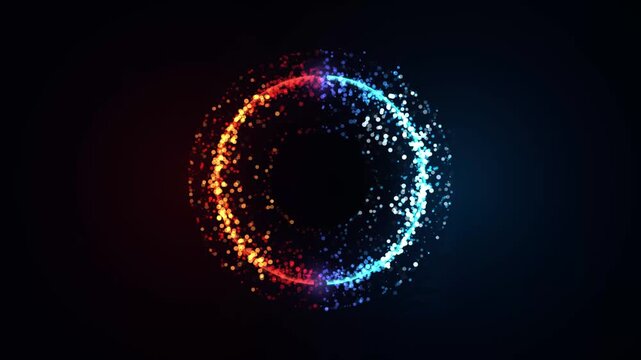 Glowing dual fire and ice particle ring swirling in dark space seamlessly