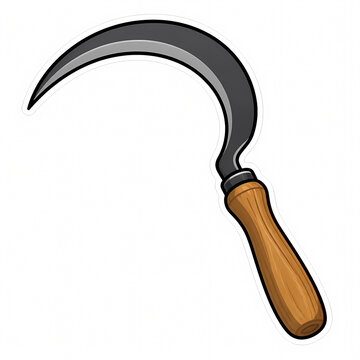 Hand-drawn vector illustration of a traditional sharp sickle with curved steel blade and ergonomic wooden handle, isolated on white background for agriculture and harvesting designs.