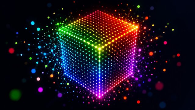 Halftone rainbow cube of dots on dark background. Partial particles. 3d.Vector illustration. 