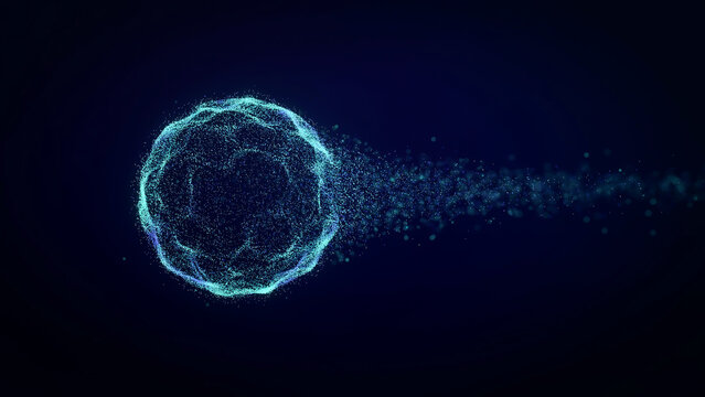Abstract glowing sphere made of blue particles disintegrating into a stream of stardust on a dark deep blue background