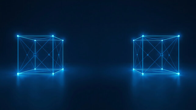 Two glowing blue digital wireframe cubes floating in a dark virtual space representing connection and advanced data network technology