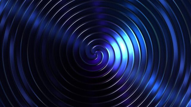 Abstract blue metallic spiral motion footage featuring shiny glowing concentric rings rotating continuously in endless loops for modern digital video backgrounds